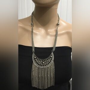 Statement Necklace Silver Tone Moon Crescent Fringe Necklace Halloween Cleopatra